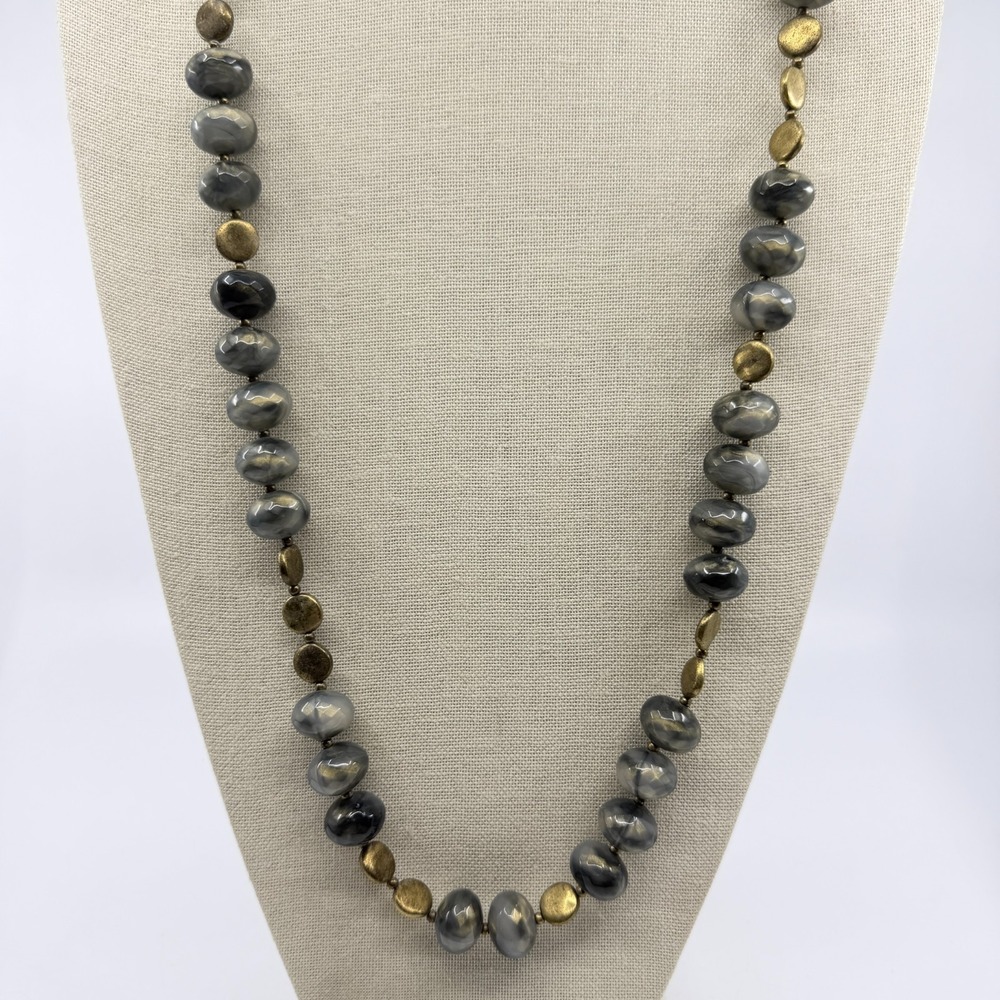 Grey Swirl Bead Necklace Gold Tone Disc Accents Statement Jewelry Layering Piece